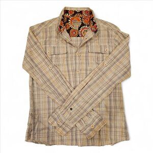 Buffalo David Bitton Plaid Button-Up Shirt M/M Beige & Yellow Cotton Floral Lini